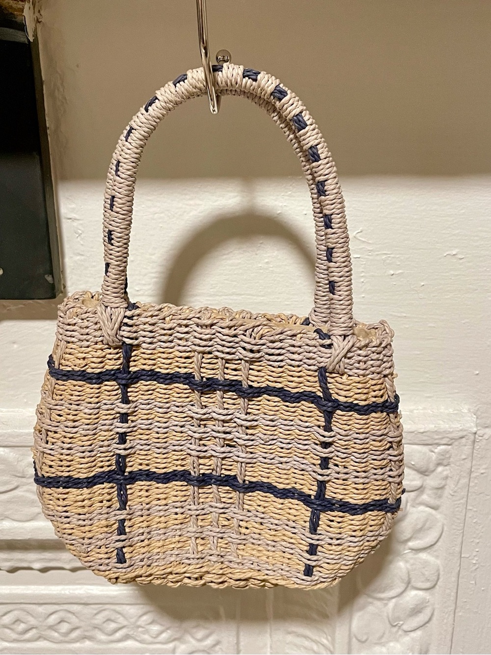 Vintage Y2K Woven Nine West Straw Bag with Navy Grid Detail